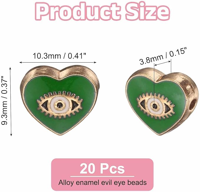 MECCANIXITY 20 Pcs Heart Evil Eye Beads Colorful Flat Loose Spacer Evil Eye Charms for DIY Bracelet Earrings Necklace Crafts Jewelry Making, Green