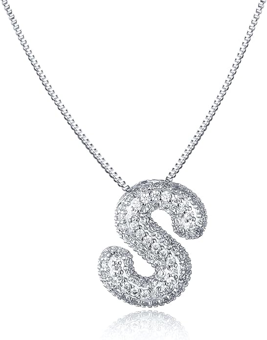 SKQIR Diamond Initial Letter Necklace for Women Bubble Gold Plated Puffy Balloon Alphabet Crystal Zircon Pendant Name Necklace Dainty Charms Trendy Jewelry Gift for Women
