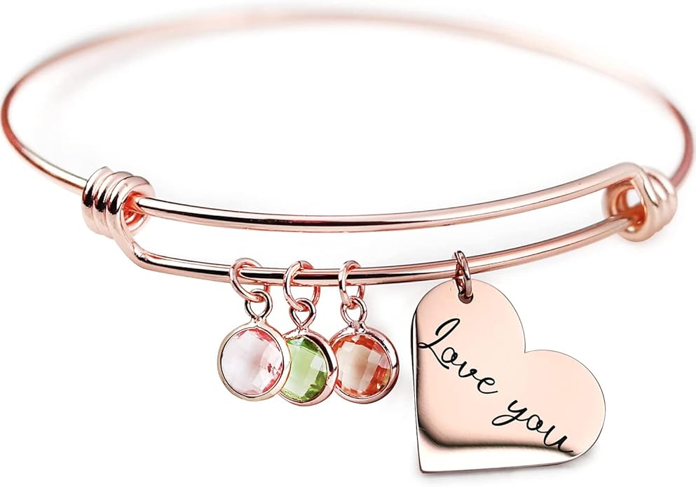 MignonandMignon Heart Birthstone Bracelet Personalized Gift for Her Family Birthstone Jewelry Customized Bangle - ABR-LH-BS
