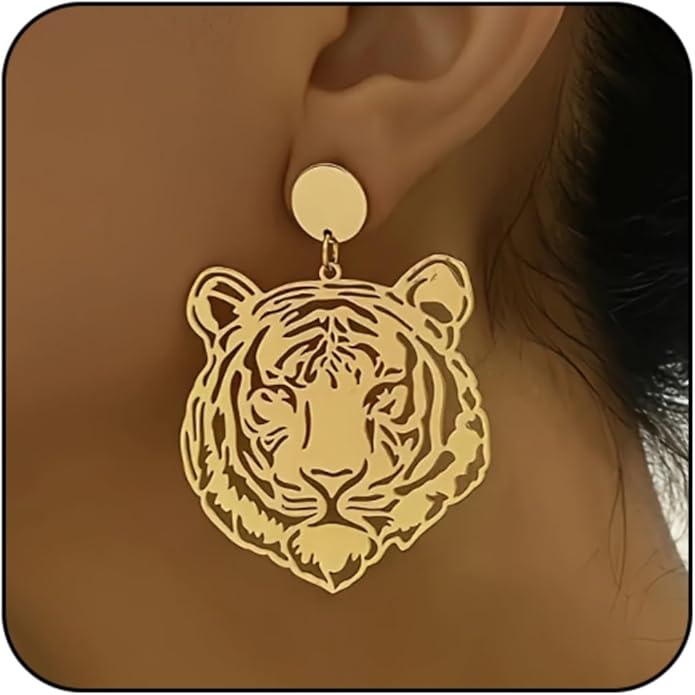WCRAZYE Tiger Head Earrings for Women, Lightweight Gold, Football Team Spirit Mascot, Animal Inspired Game Day Jewelry