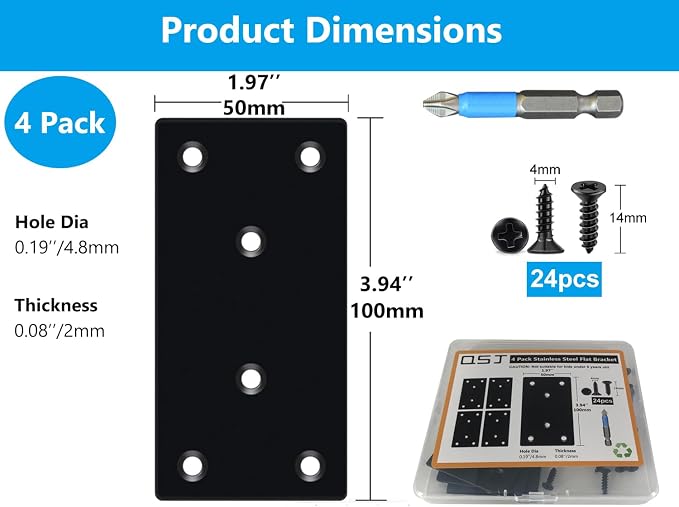 QSJ 4 Pack Black Flat Mending Plate, Six-Hole Metal Bracket, Straight Steel - Image 2