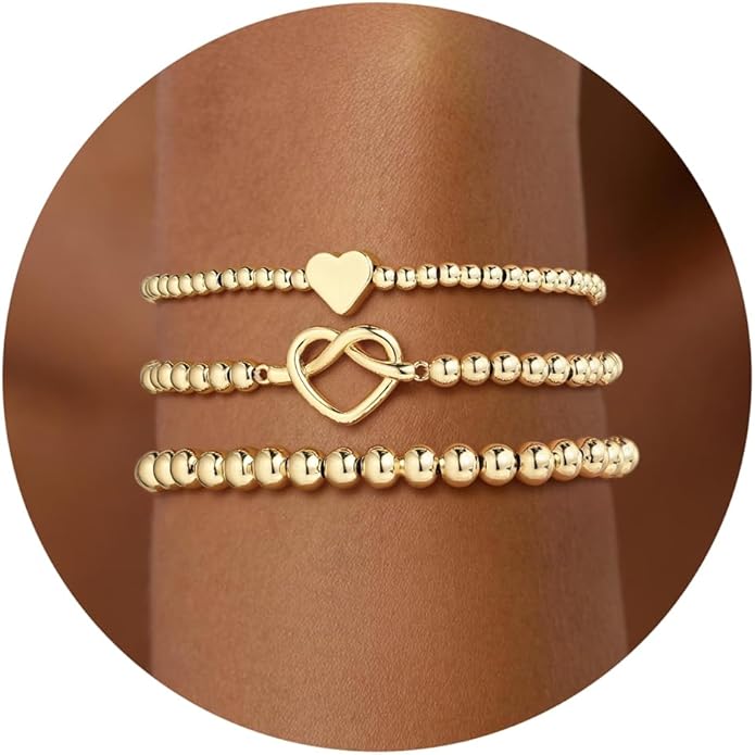 Turandoss Gold Bracelets for Women - Dainty 14K Gold Plated Bow Cross Beaded Bracelets for Women Stackable Heart Bead Bracelet Set Wave CZ Round Ball Bracelet Valentine's Day Gifts for Her
