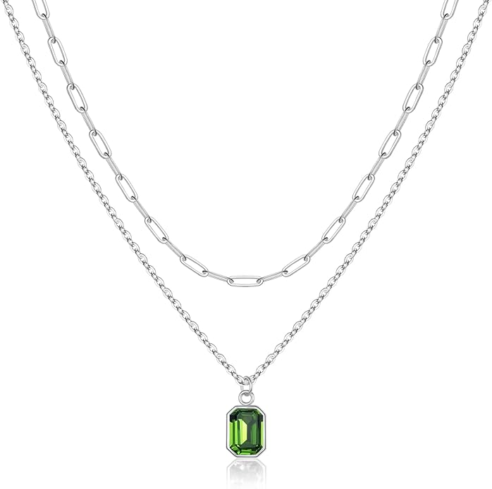 Layered Birthstone Necklace for Women Girls, 14K Gold-Plated Paperclip Chain Choker Necklace with Rectangle Birthstone Pendant Birthday Gifts for Women Girls Dainty Small