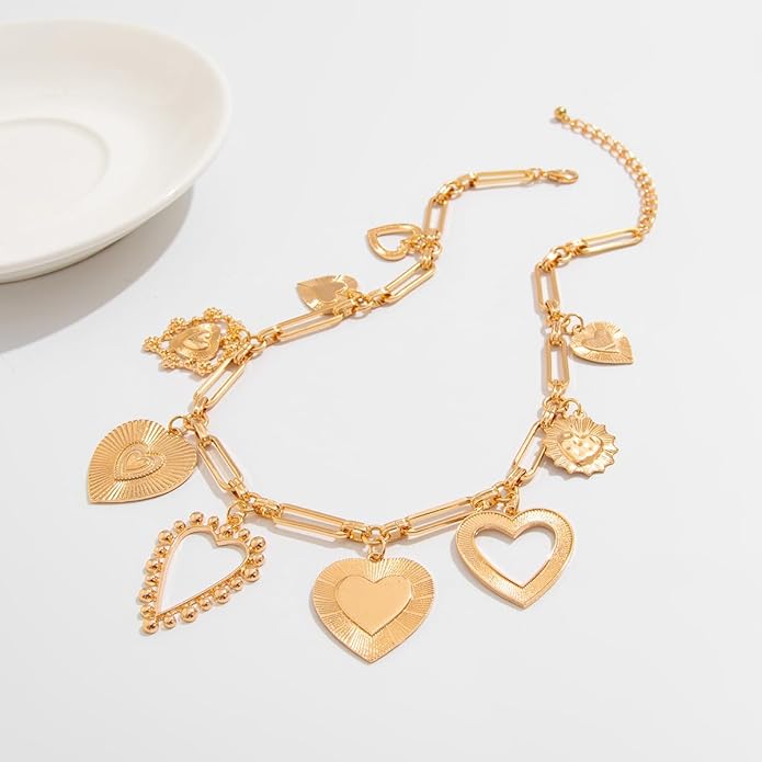 Chunky Gold Necklace Big Heart Necklace for Women Silver Large Statement Necklaces Thick Bold Chain Puffy Love Heart Charm Necklaces for Women with OT Toggle Silver Chunky Gold Jewelry Trendy Valentine's Day Gift