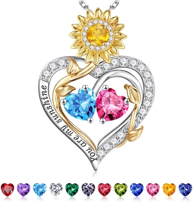 Iefil Valentines Day Gifts for Her - 925 Sterling Silver Sunflower Double Birthstone Necklace for Women, Anniversary Birthday Gifts for Wife, You Are My Sunshine Necklaces, Jewelry for Wife Mom
