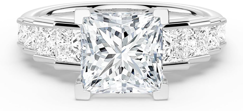 MSBLUE Moissanite Engagement Ring, Staircase Princess Cut, 14K Gold Vermeil, Wedding Promise Ring, Valentines Day Gifts for Her