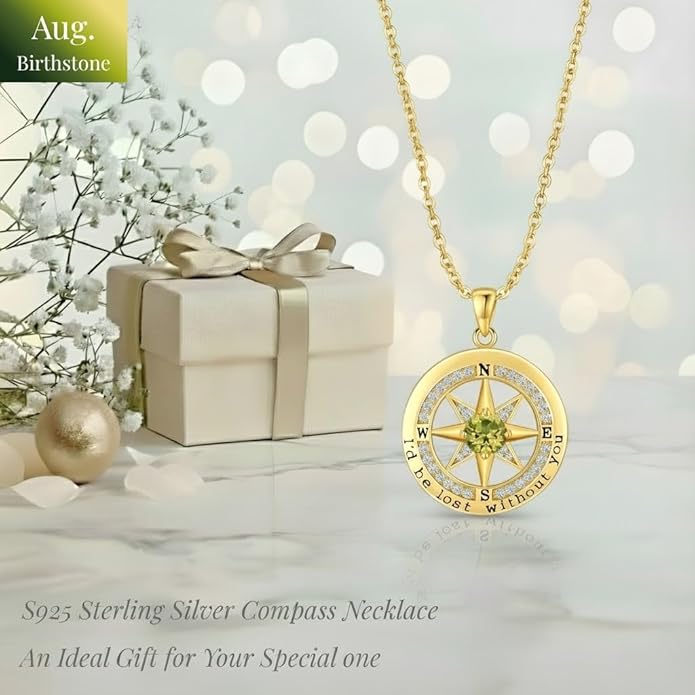 Compass Necklace for Women Wife Girlfriend Mom Daughter Gifts S925 Sterling Silver Jewelry For Anniversary Rose Gold Gifts For Birthday Christmas Mothers Valentines Day 12 Birthstones