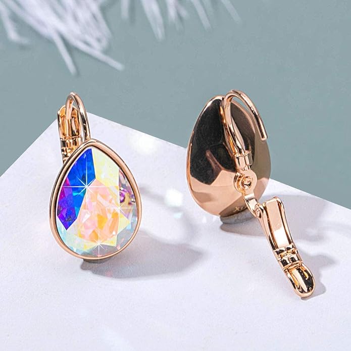 Teardrop Austrian Crystal Leverback Drop Earrings for Women 14K Rose Gold Plated Hypoallergenic Jewelry