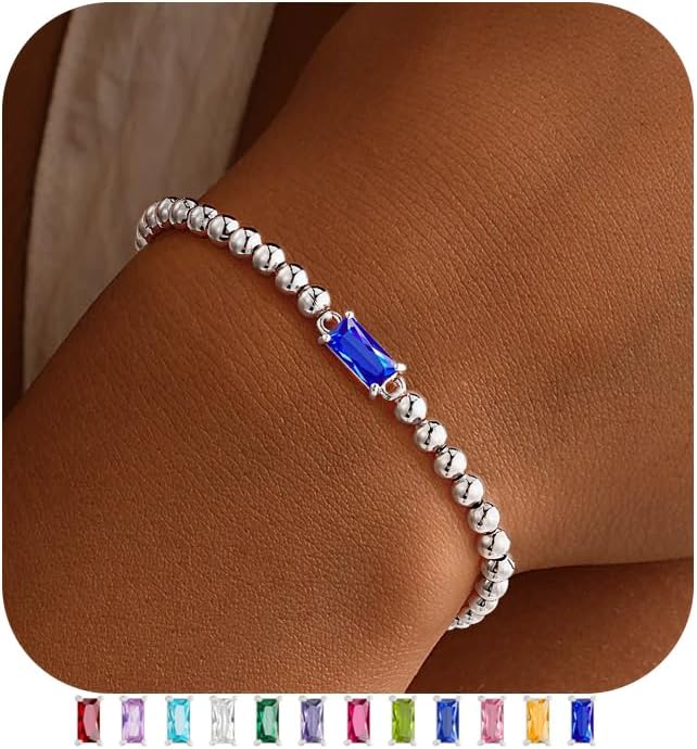 Yoosteel Valentines Gifts for Her Kids Girls - Valentines Day Bracelets Dainty Birthstone Bracelet for Women Elastic 14K-Gold-Plated Bead Bracelets Trendy Friendship Birthday Jewelry Gift for Teenage Girl Women