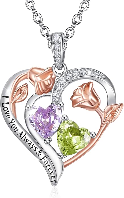 Valentine's Day Gifts for Wife 925 Sterling Silver Double Birthstone Pendant Necklaces I Love You for Always and Forever Necklace Anniversary Birthday Gifts for Wife Girlfriend Mom Her