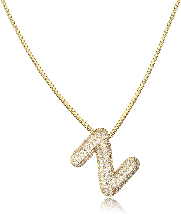 SKQIR Diamond Initial Letter Necklace for Women Bubble Gold Plated Puffy Balloon Alphabet Crystal Zircon Pendant Name Necklace Dainty Charms Trendy Jewelry Gift for Women