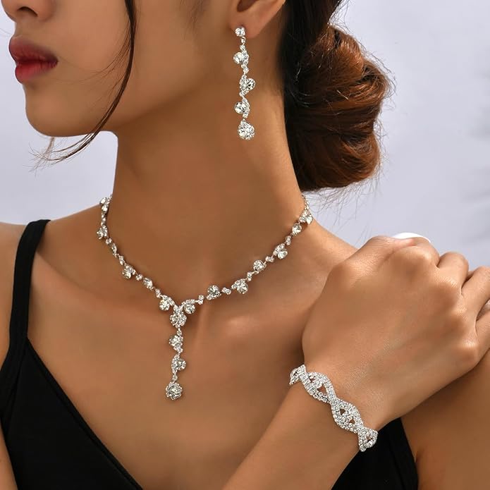 Silver Crystal Bridal Jewelry Set, Teardrop Dangle Earrings Rhinestone Necklace Bracelet for Bride Bridesmaid Crystal Bridal Wedding Party Jewelry Sets