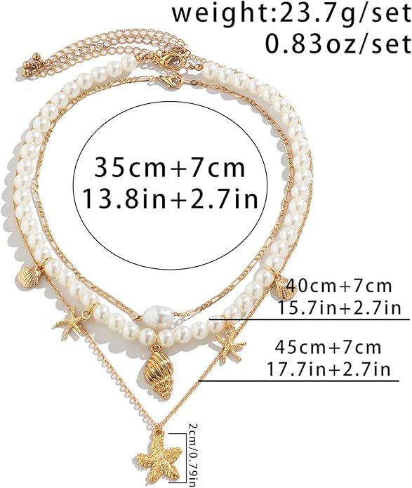 Gold Sea Shell Necklace Layered Charm Necklace for Women Boho Summer Seashell Beach Starfish Necklaces 14k Pearl Chain Surfer Jewelry Beach Vacation Essentials