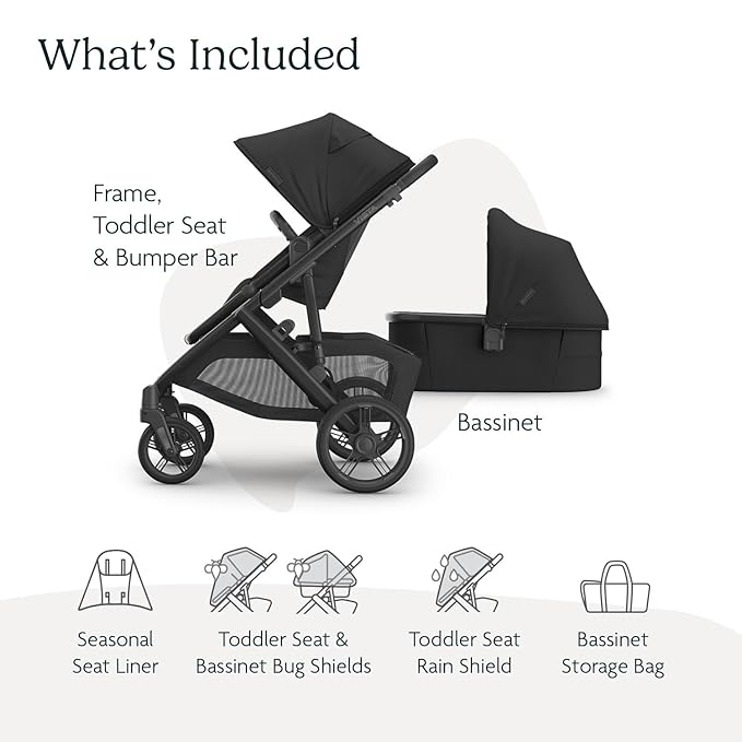 UPPAbaby Vista V3 Stroller + Bassinet V3 - Convertible Single-to-Double Stroller System- Bassinet, Toddler Seat, Bug Shield, Rain Shield Included - Jake (Charcoal/Carbon Frame/Black Leather)