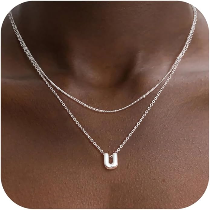Valentines Day Gifts for Her - Bubble Letter Necklace Layered 14K Gold Plated Initial Necklaces for Women Dainty Cute Choker Pendant Stack Jewelry Fashion Accessories Teen Gift Trendy Stuff