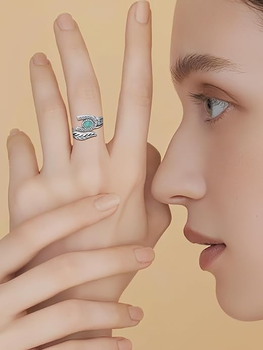 Turquoise/Moss Agate/Moonstone/Black Onyx/Lapis Lazuli/Labradorite/Tiger Eye Feather Ring 925 Sterling Silver Adjustable Ring Western Thumb Rings Vintage Jewelry Gifts for Women