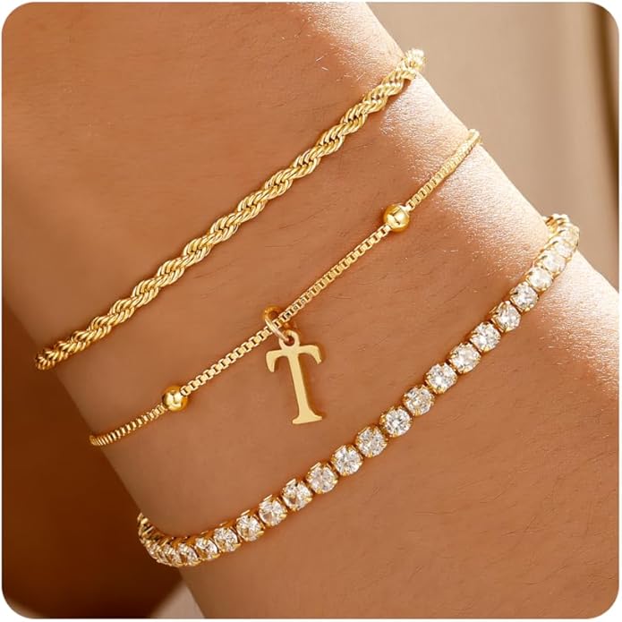 Valentines Day Gifts for Her Kids - Dainty Gold Bracelets for Women Personalized Gold/Silver Initial Bracelet Stack Stackable Rope Box Chain Tennis Bracelets for Girls Jewelry Set