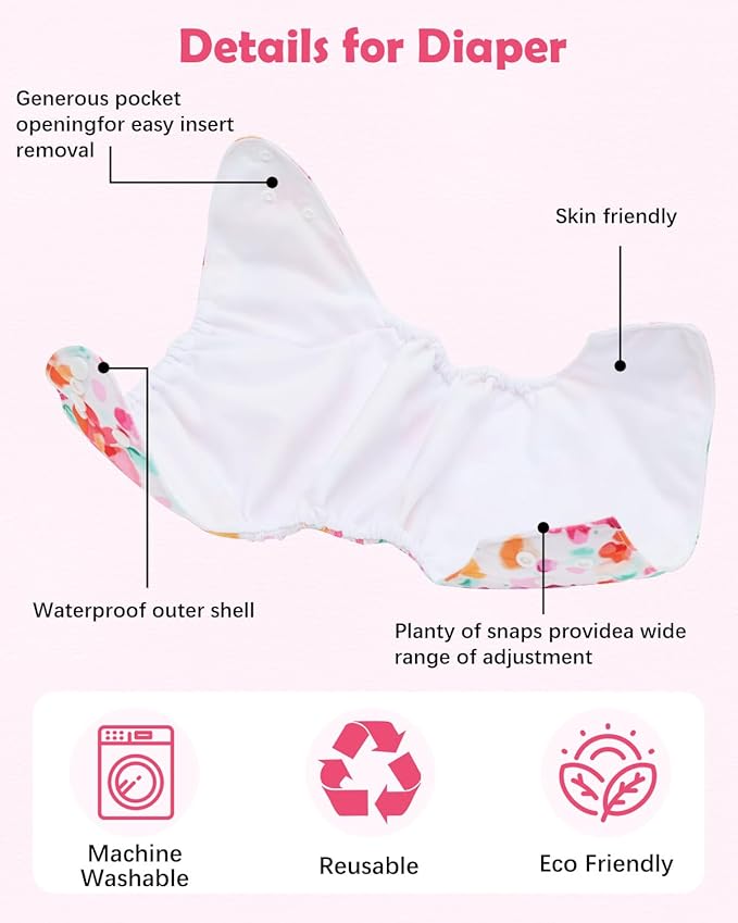 Babygoal Baby Cloth Diaper 6 Pack with 6pcs Inserts and Wet Bag for Fitted Diapers and Prefolds, Adjustable and Reusable Covers for Toddler Boys and Girls