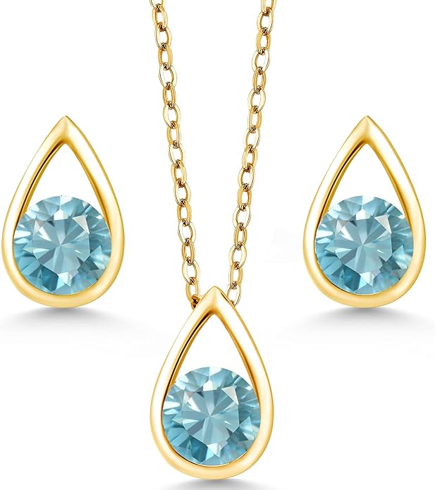 Gem Stone King 18K Yellow Gold Plated Silver 5MM Round Gemstone Birthstone Teardrop Pendant Earrings Set | Jewelry Set for Women | With 18 Inch Chain
