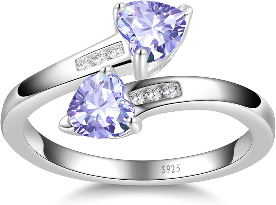 1CT Adjustable Women Heart Ring 925 Sterling Silver Birthstone Rings for Women Promise Ring for her Simulated Gemstone Statement Stackable Band Width 2mm Open Size 5~9