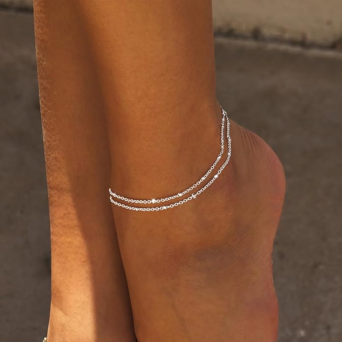 Ankle Bracelets for Women, Glitter Waterproof Adjustable Anklet for Women, 14K Gold Plated/Sterling Silver Layered Anklets, Summer Beach Anklet Jewelry for Women Gift