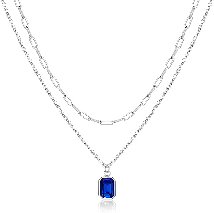 Layered Birthstone Necklace for Women Girls, 14K Gold-Plated Paperclip Chain Choker Necklace with Rectangle Birthstone Pendant Birthday Gifts for Women Girls Dainty Small