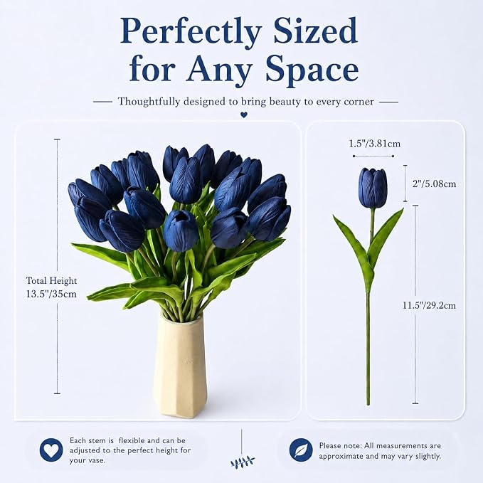 Mandy's 20pcs Artificial Navy Blue Tulips | 13.5 Inch Lifelike PU Tulips Faux - Image 3