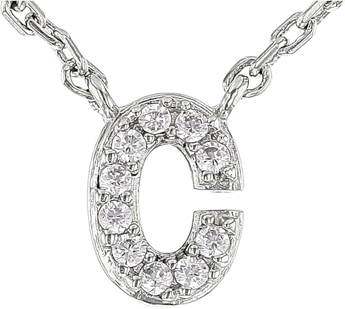 JTV Sterling Silver Initial Necklace for Women, 0.13 CTW White Cubic Zirconia Letter Pendant, Rhodium-Plated, Personalized Monogram Jewelry, Gift Box Included, 18”