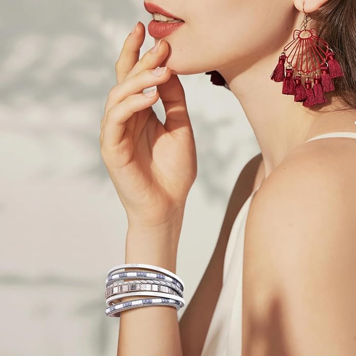 Wrapped Bracelets for Women,Leather Bracelet,Boho Bracelets for Women,Multi-Layer Pearl Crystal Bracelet Bangle Jewelry