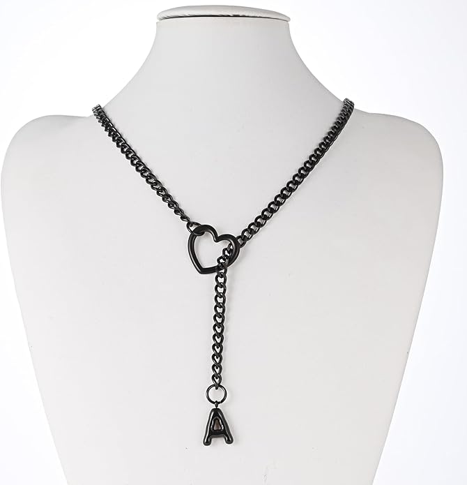 Black Heart Slip Chain Initial Necklaces for Women,Stainless Steel O-Ring Adjustable Lariat Heart Y-Necklace,Punk Gothic Cuban Collar Choker Necklace for women