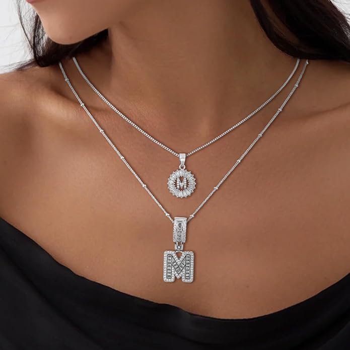 Initial Letter Necklace for Women 14k White Gold Silver Plated Dainty Necklaces Trendy Chunky Custom Layered Necklace Set Personalized Round Circle Zirconia A-Z Letter Chain Pendant Jewelry Gift
