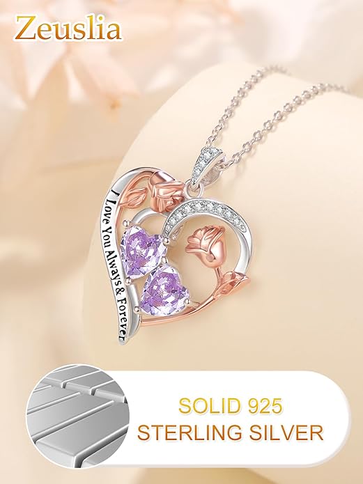 Valentine's Day Gifts for Wife 925 Sterling Silver Double Birthstone Pendant Necklaces I Love You for Always and Forever Necklace Anniversary Birthday Gifts for Wife Girlfriend Mom Her