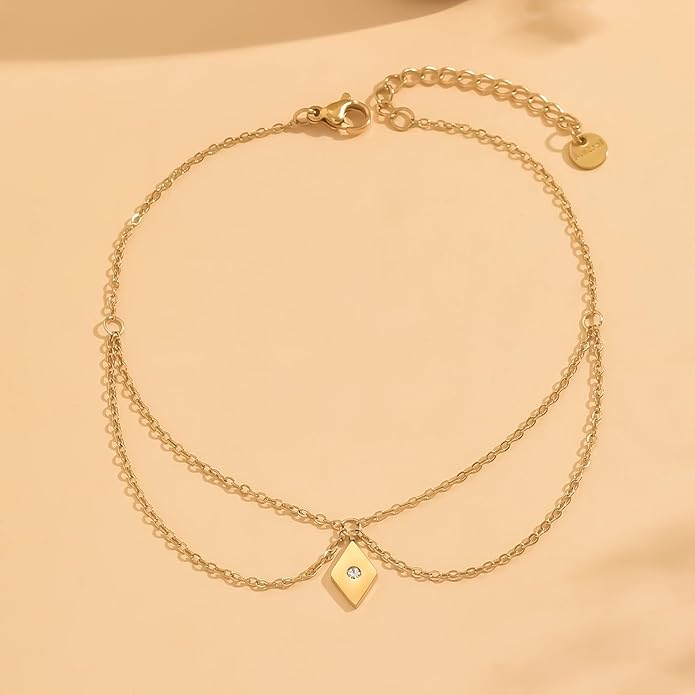 Anklets for Women Dainty CZ Ankle Bracelet 18K Gold Plated Waterproof Boho Dot Star Moon Daisy Ocean Beaded Anklet Trendy Foot Jewelry