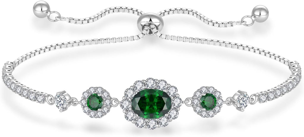 925 Sterling Silver Birthstone Bracelets for Women, Adjustable Halo Cubic Zirconia CZ Bracelet Anniversary Birthday Jewerly for Mom Wife