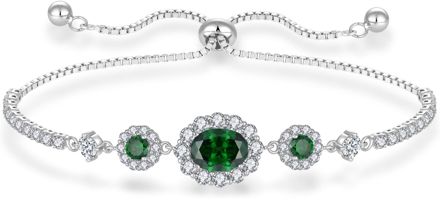 925 Sterling Silver Birthstone Bracelets for Women, Adjustable Halo Cubic Zirconia CZ Bracelet Anniversary Birthday Jewerly for Mom Wife