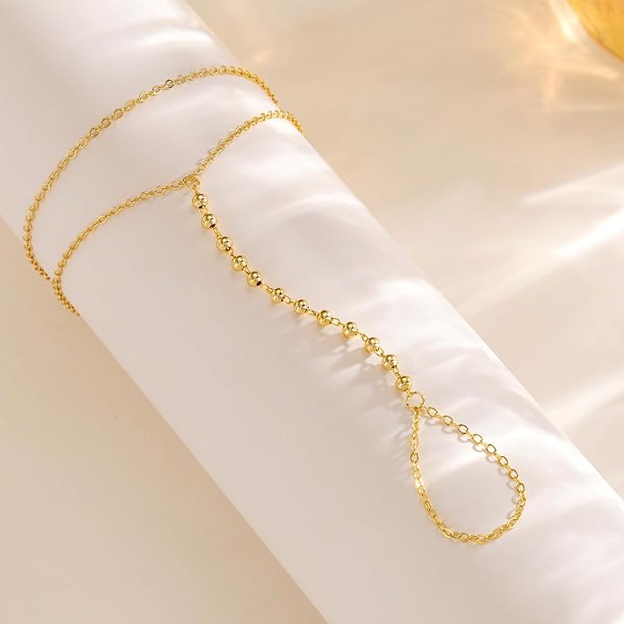 CHESKY 14K Gold Plated Hand Chain Bracelets for Women Set - Dainty Finger Ring Bracelet Stack Adjustable Hand Chains Durable Beaded Bracelets Trendy Simple Body Jewelry Gift for Women