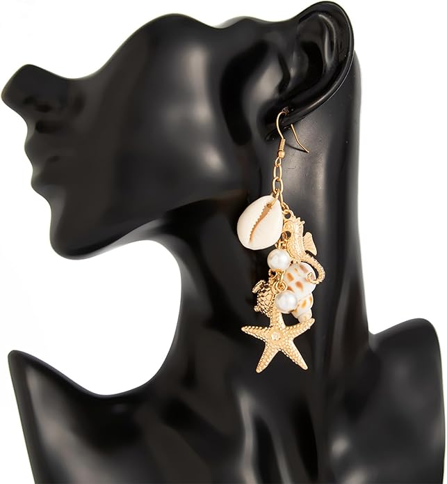 Gold Starfish Shell Earrings for Women with Pearl Beach Seashell Earrings Dangle Summer Vacation Earring for Women Beach Jewelry
