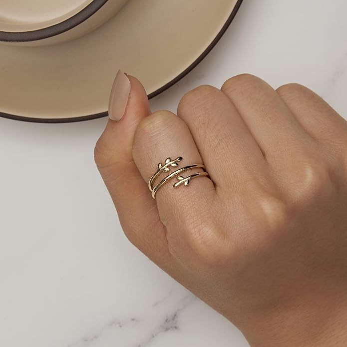 MUNDELL 925 Sterling Silver Simple Multi-layer Leaf Adjustable Ring Green Lucky Leaves Statement Ring for Women Promise Ring Fine Jewelry