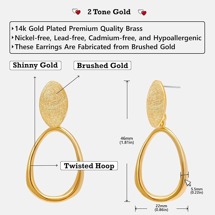 OZEL Gold Dangle Earrings for Women Brushed Finish, Matte Gold Statement Jewelry, 14k Gold Plated