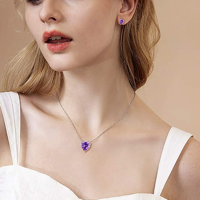 Aurora Tears Hearts Necklace Earrings Jewelry Sets - Women 925 Sterling Silver Birthstone Pendants Earrings Set Crystal Wedding Birthday Jewelry