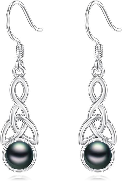 Tahitian Black Pearl Earrings Gifts for Women Wife Celtic Dangle Drop Earrings Wedding Birthday Anniversary Jewelry Valentines Christmas Day Gifts 925 Sterling Silver