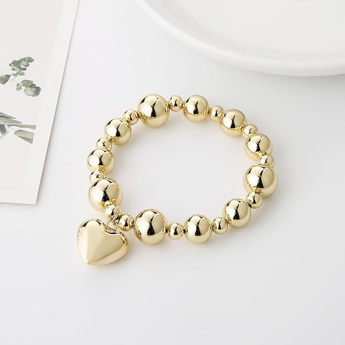 HZMAN Gold-Plated Brass Stretch Bracelet One-Size-Fits-All Wrist Bead Accents Beach & Daily Wear Lightweight & Hypoallergenic Jewelry Gift for Women