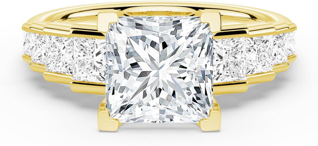MSBLUE Moissanite Engagement Ring, Staircase Princess Cut, 14K Gold Vermeil, Wedding Promise Ring, Valentines Day Gifts for Her
