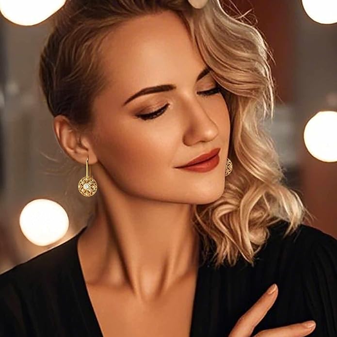 Eloqueen 14K Gold Drop Earrings Dangle Earrings for Women Leverback Dangle with Cubic Zirconia with Engraved Details 14K Gold Earring for Women 14/16mm