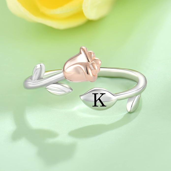 STARCHENIE Rose Initial Ring for Women 925 Sterling Silver Letters A-Z 26 Alphabet Adjustable Ring Size 7