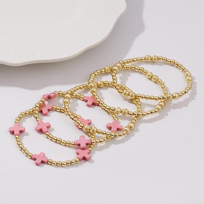 Gold Plated Beaded Bracelets for Women Trendy, 14K Gold Plated Stack Cross Pearl Gold Plated Bead Stretch Bracelets Set Elastic Hypoallergenic Bracelets Jewelry Gifts