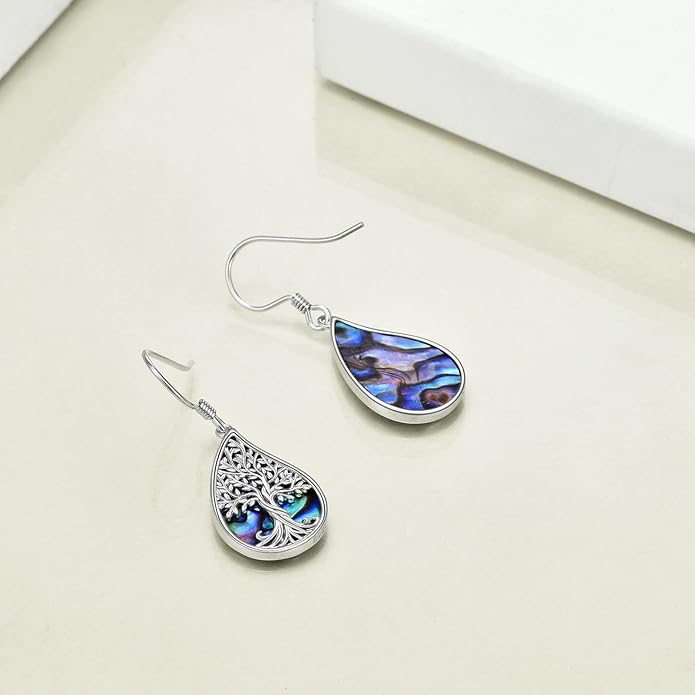 Tree of Life Earrings Sterling Silver Celtic Tree of Life Abalone Shell Dangle Drop Earrings for Women Jewelry
