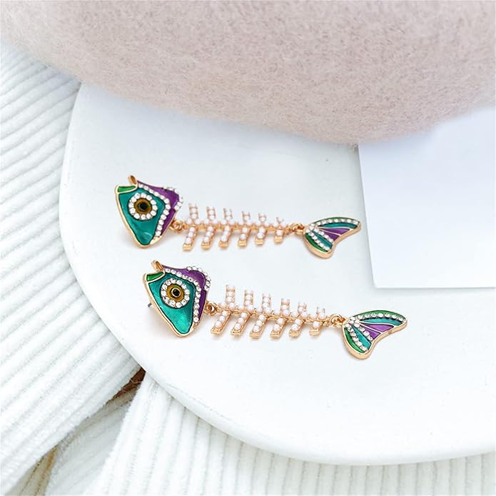 Creative Exaggerated Long Colorful Sparkly Crystal Fish Bone Dangle Drop Earrings Vintage Gold Cute Enamel Diamond Animal metal Stud Earrings