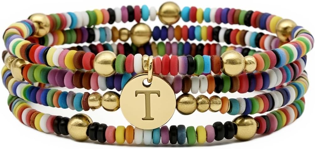 Set of 4 Colorful Bead Initial Bracelets, Personalized Stackable Jewelry, Adjustable Stretchy Charm Bracelets for Women, Beaded Bracelet Set, Trendy Custom Jewelry Gift