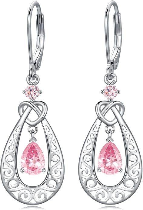 Teardrop Birthstone Dangle Drop Earrings Sterling Silver Infinity Filigree Leverback Earrings, Infinity Love Birthday Anniversary Valentines Day Gifts for Her Women Mom Wife